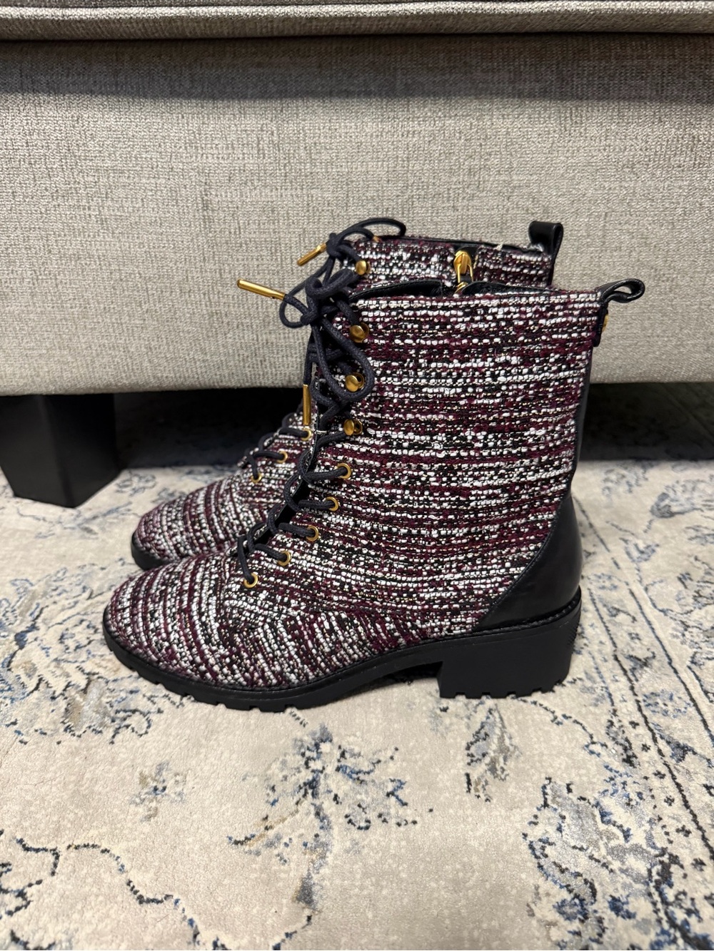 Tory Burch Combat Lug Sole Tweed Leather Boots